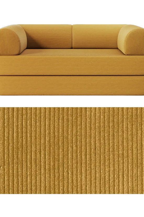 Primyhome convertible foldable sofa bed in Ginger Yellow, mid-size, featuring a close-up of the corduroy fabric texture
