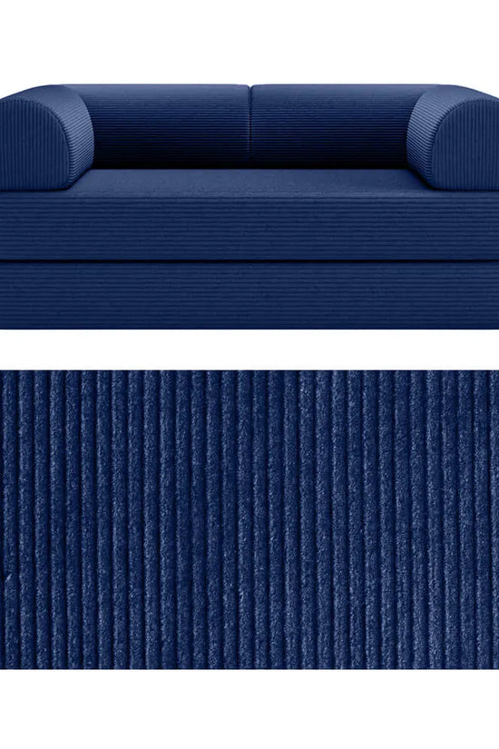 Primyhome convertible foldable sofa bed in Navy Blue, mid-size, featuring a close-up of the corduroy fabric texture