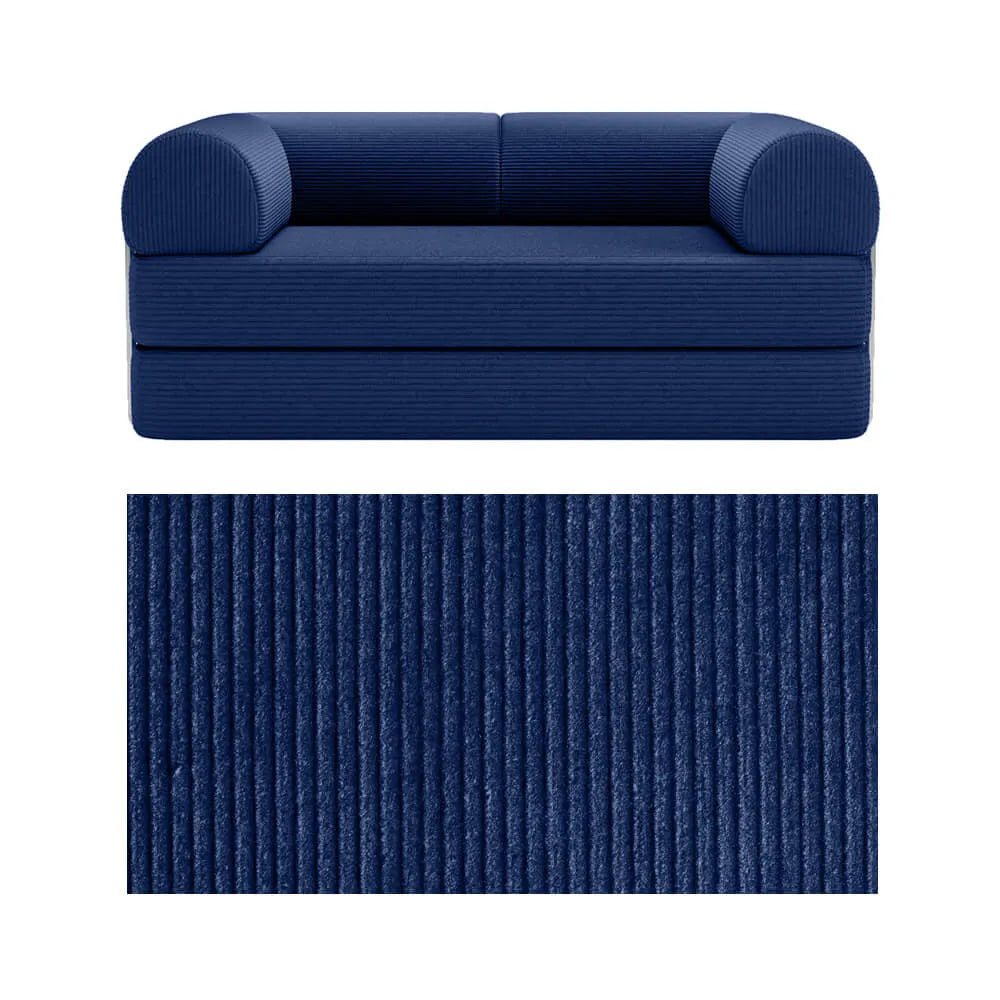 Primyhome convertible foldable sofa bed in Navy Blue, mid-size, featuring a close-up of the corduroy fabric texture