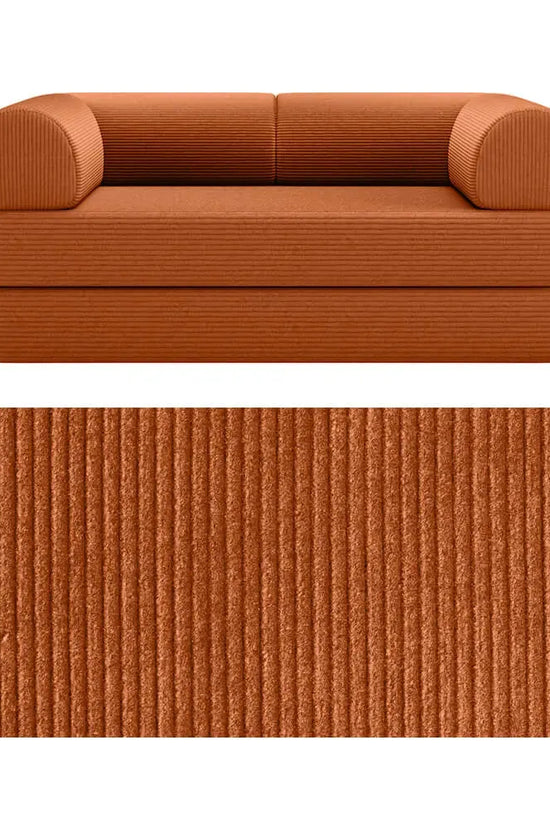 Primyhome convertible foldable sofa bed in Pumpkin Brown, mid-size, featuring a close-up of the corduroy fabric texture