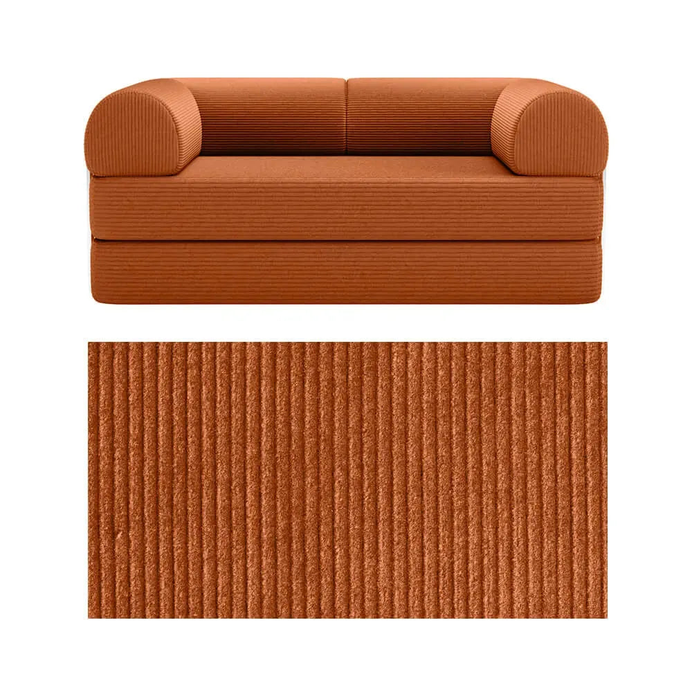 Primyhome convertible foldable sofa bed in Pumpkin Brown, mid-size, featuring a close-up of the corduroy fabric texture