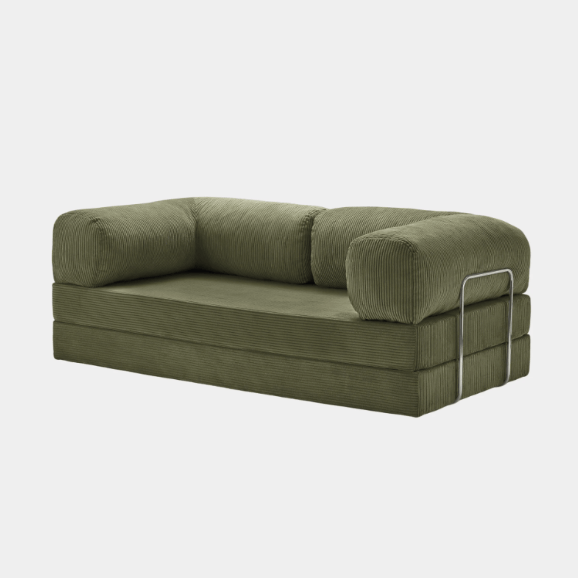 Primyhome Olive Green corduroy convertible sofa bed with metal side frame, modern floor lounge seating for small spaces
