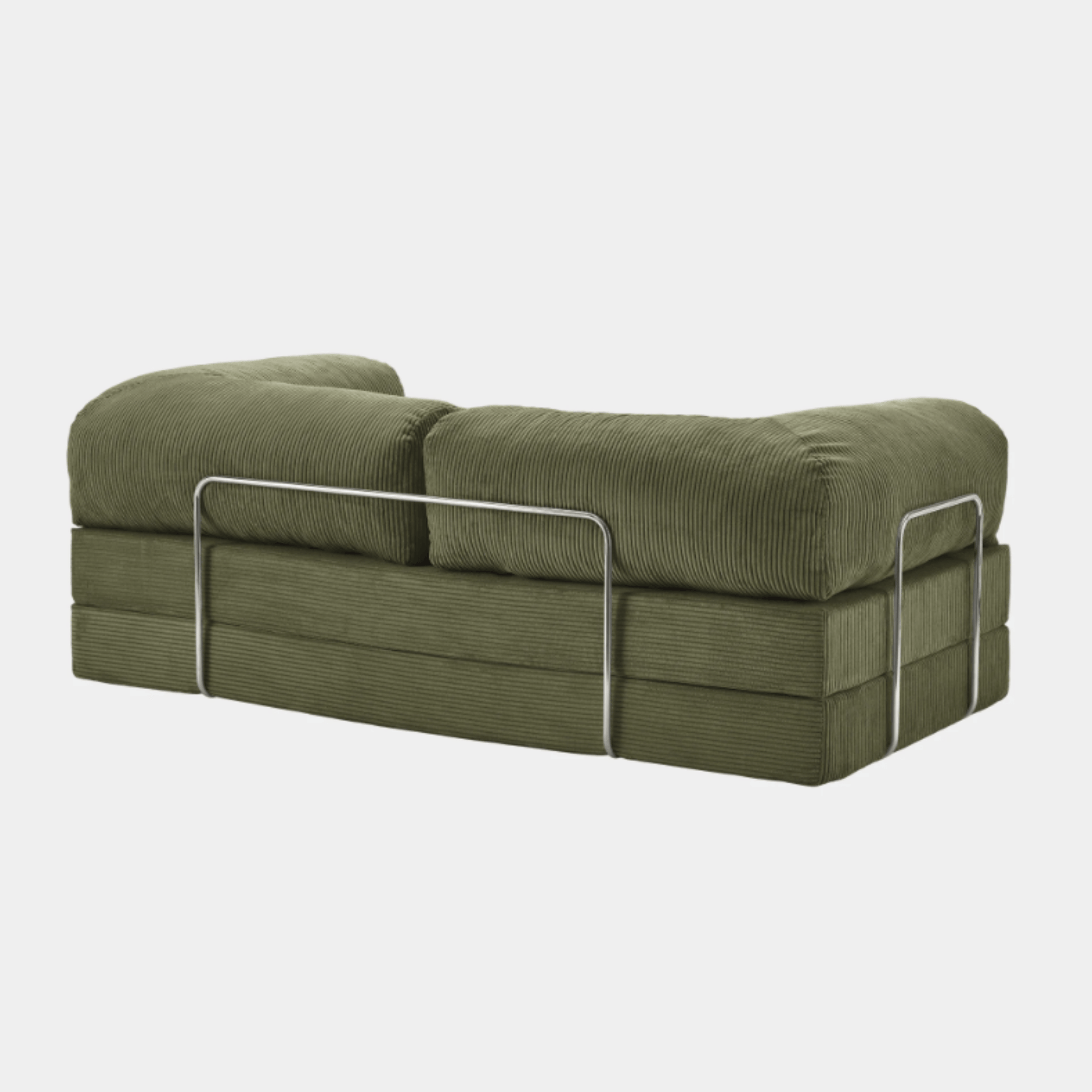 Primyhome Olive Green corduroy convertible sofa rear view with sturdy chrome metal back support