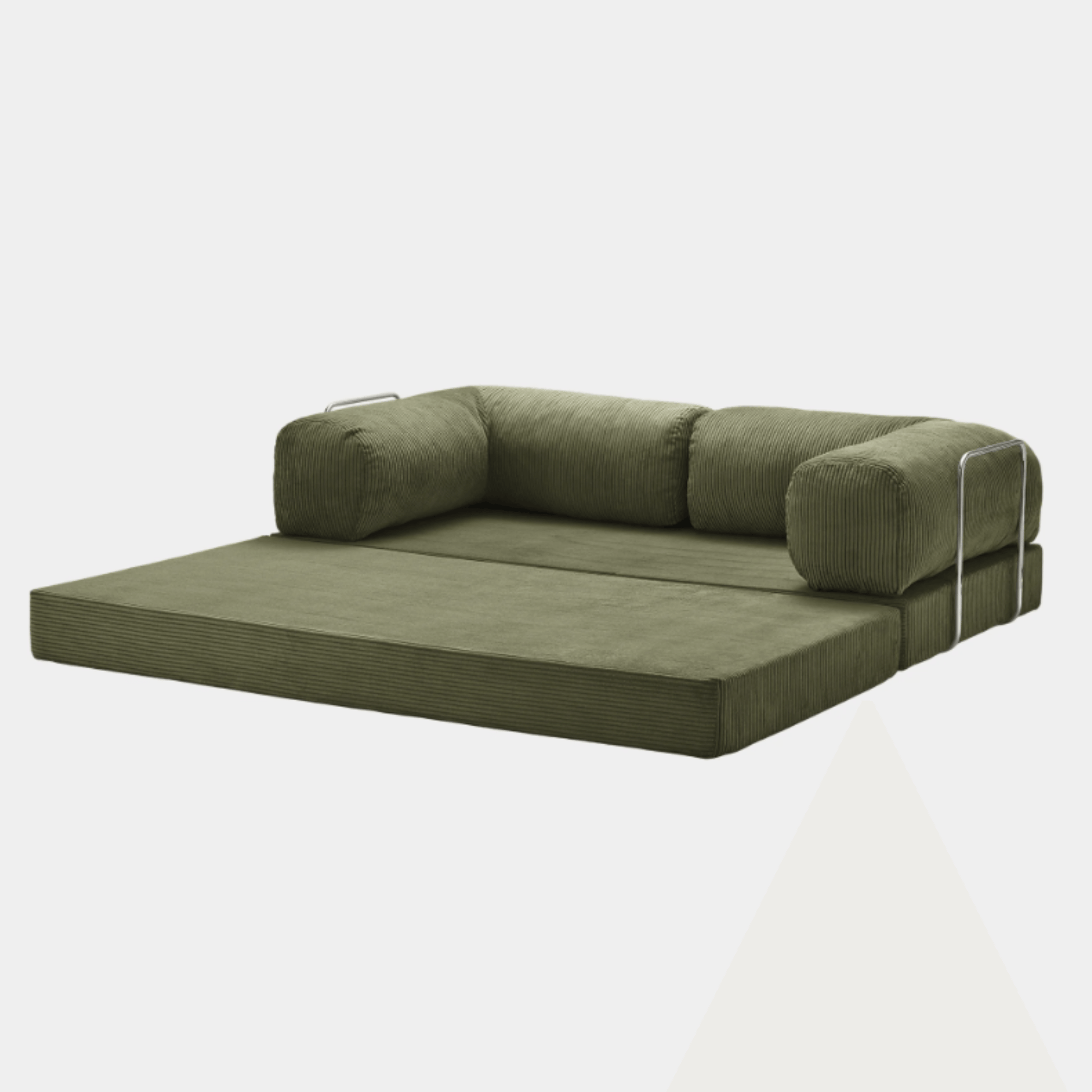 Primyhome Olive Green convertible sleeper sofa bed in unfolded position, showcasing the corduroy fabric and metal side rails