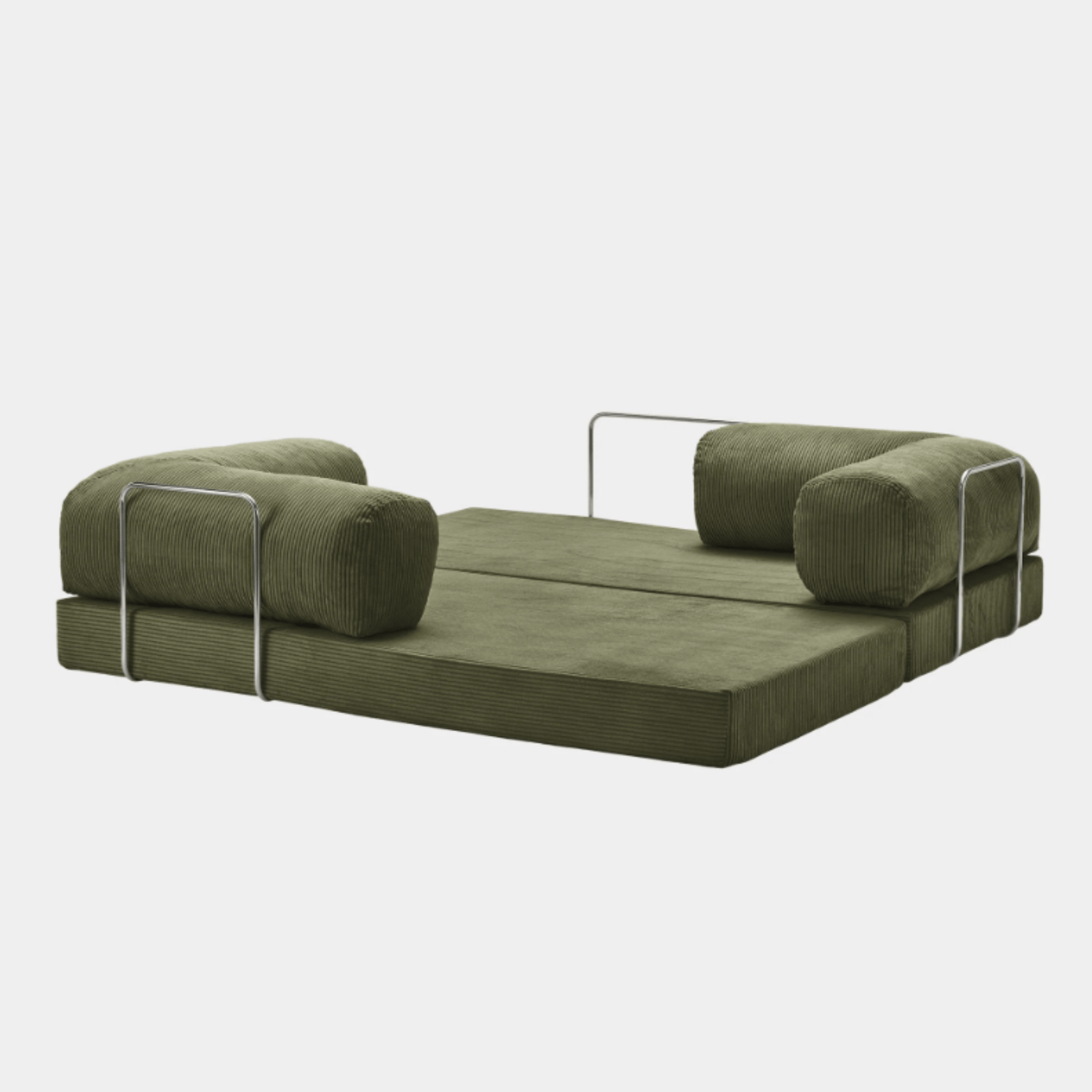 Fully unfolded Primyhome Olive Green corduroy sleeper sofa bed with metal support on a clean white background