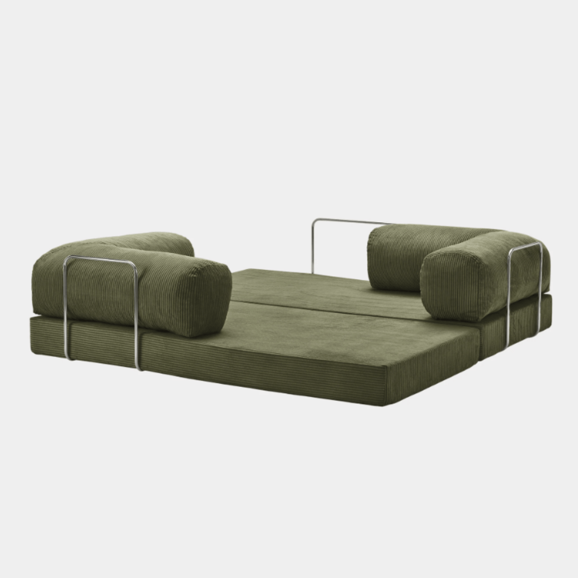 Fully unfolded Primyhome Olive Green corduroy sleeper sofa bed with metal support on a clean white background