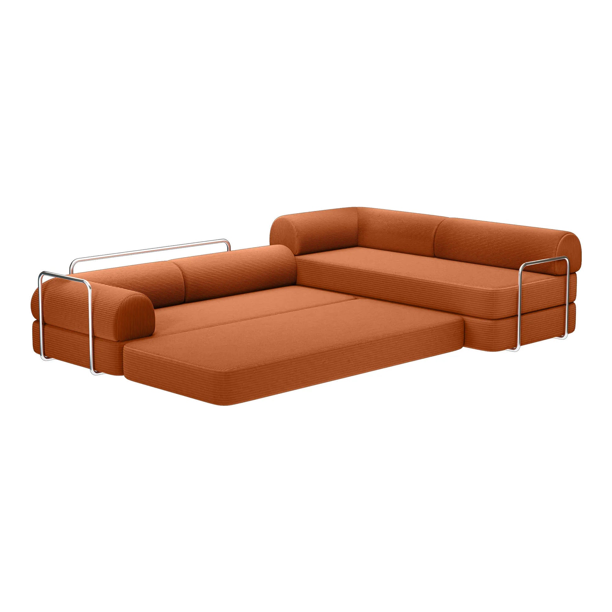 Primyhome Pumpkin Brown corner closed sectional sofa fully unfolded into a large sleeper bed with corduroy texture
