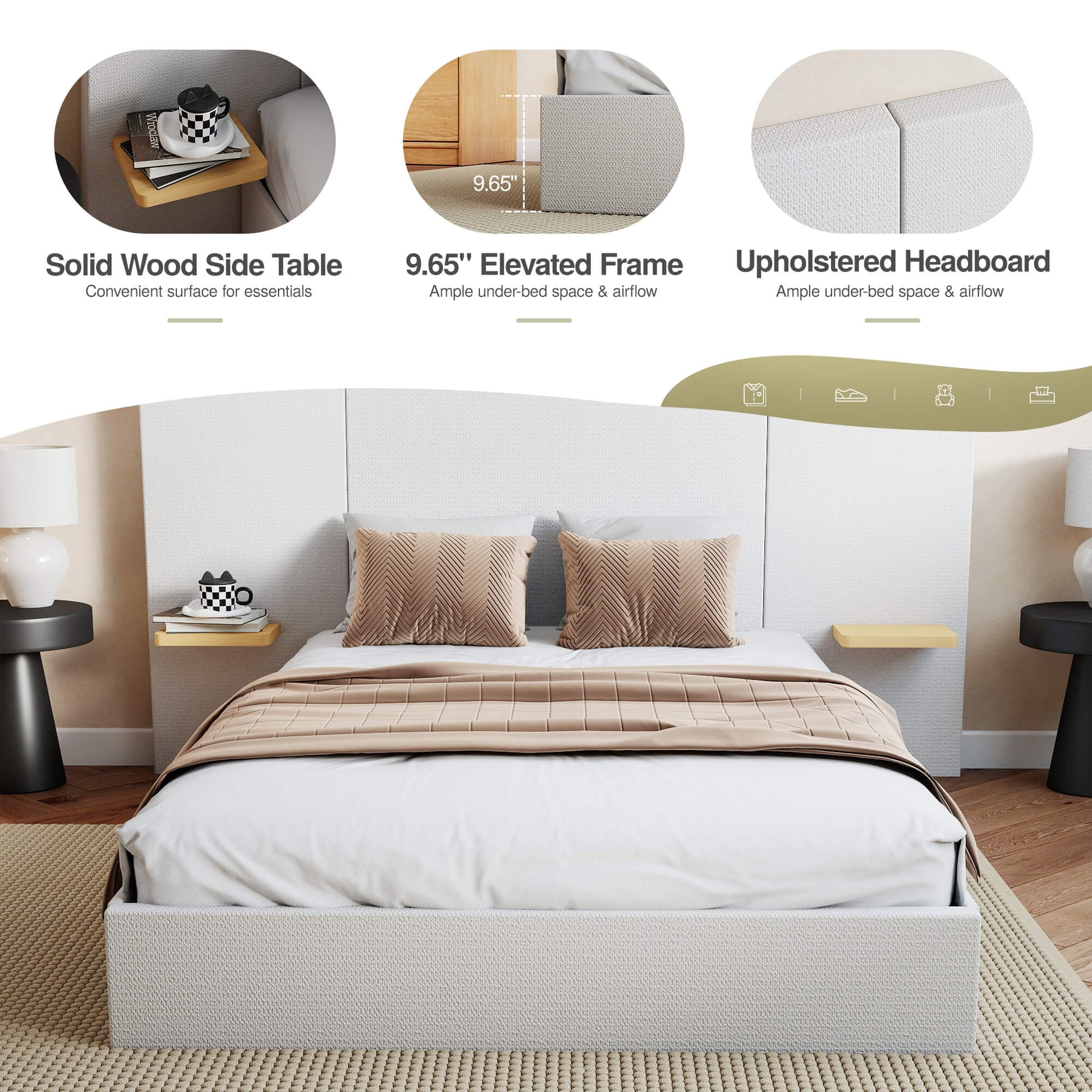ModuNest Solid Wood Bed with Built-in Side Tables