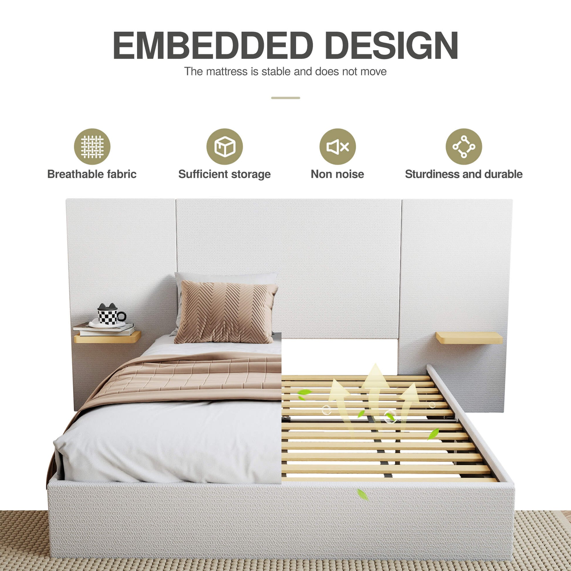 ModuNest Solid Wood Bed with Built-in Side Tables