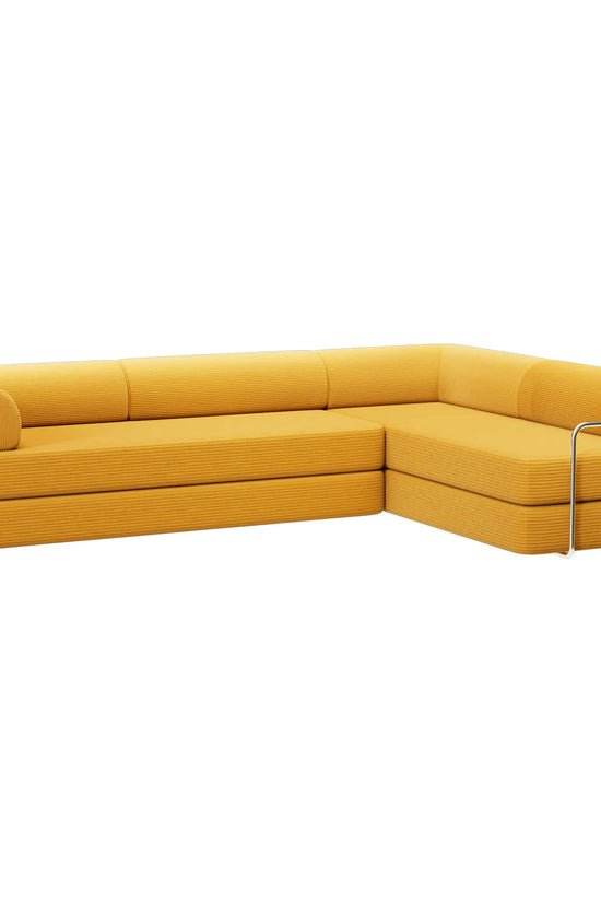 Side view of Primyhome Ginger Yellow corner closed sectional sofa, showing the L-shaped corduroy cushions and sleek metal frame support