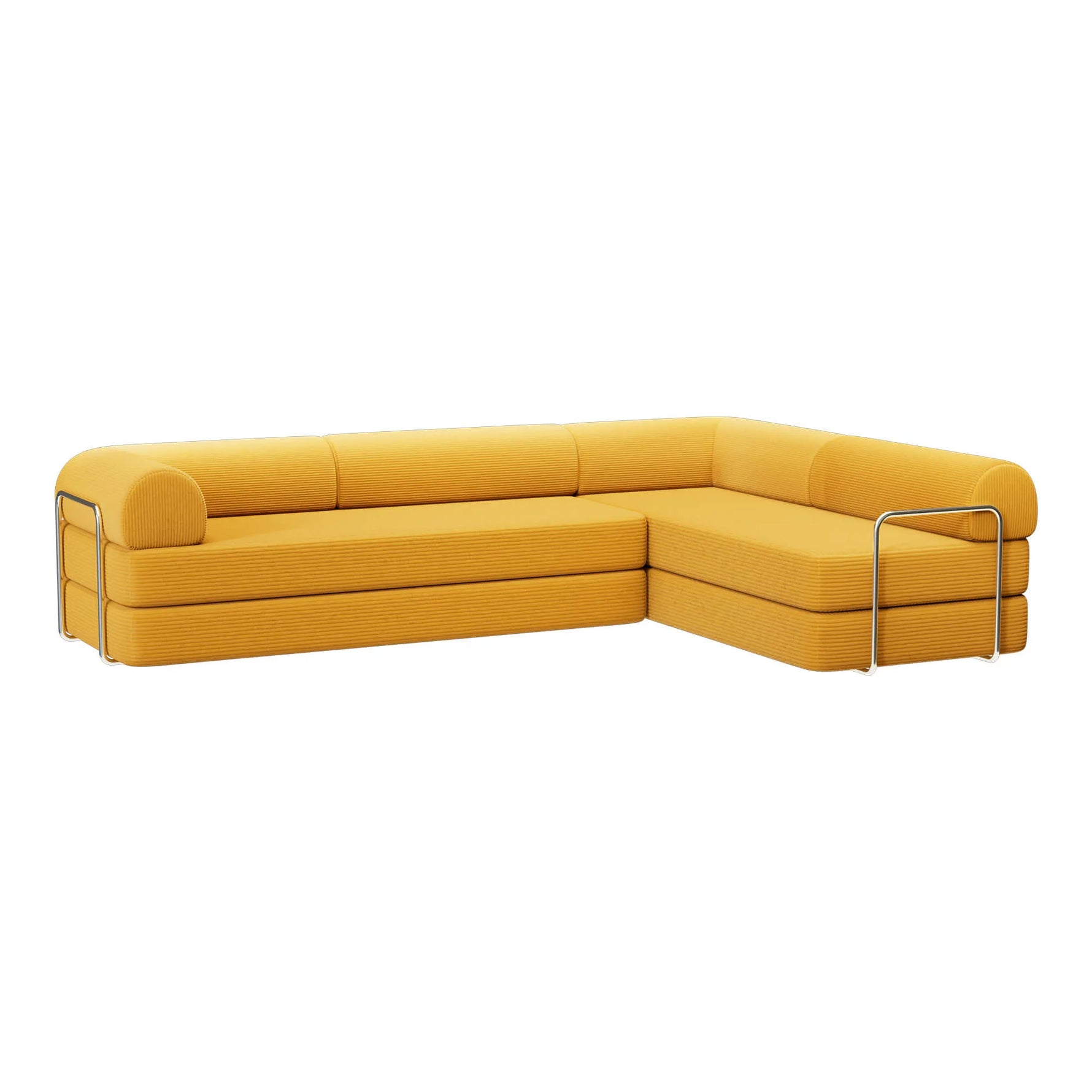 Side view of Primyhome Ginger Yellow corner closed sectional sofa, showing the L-shaped corduroy cushions and sleek metal frame support