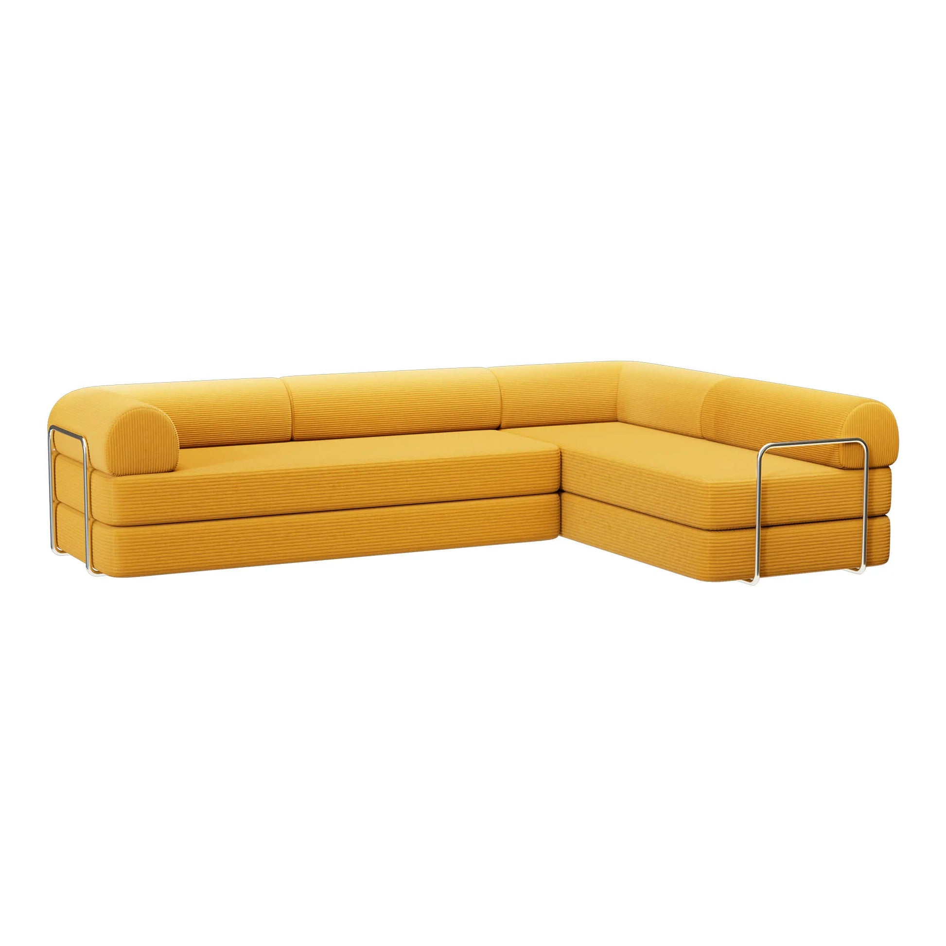 Side view of Primyhome Ginger Yellow corner closed sectional sofa, showing the L-shaped corduroy cushions and sleek metal frame support