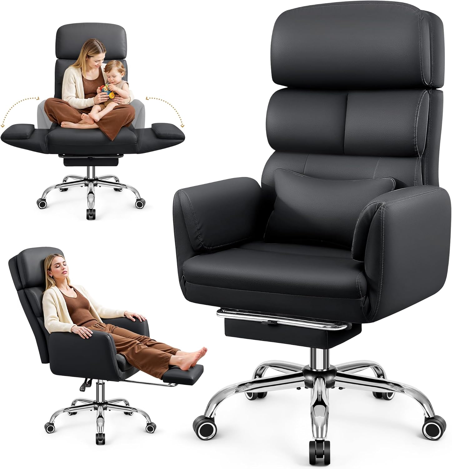 BestEra Big and Tall Leather Executive Chair, 400LBS Wide Ergonomic Home Office Desk Chairs, Reclining Swivel Criss Cross Chair with Armrests, Comfy High Back and Lumbar Support, Black