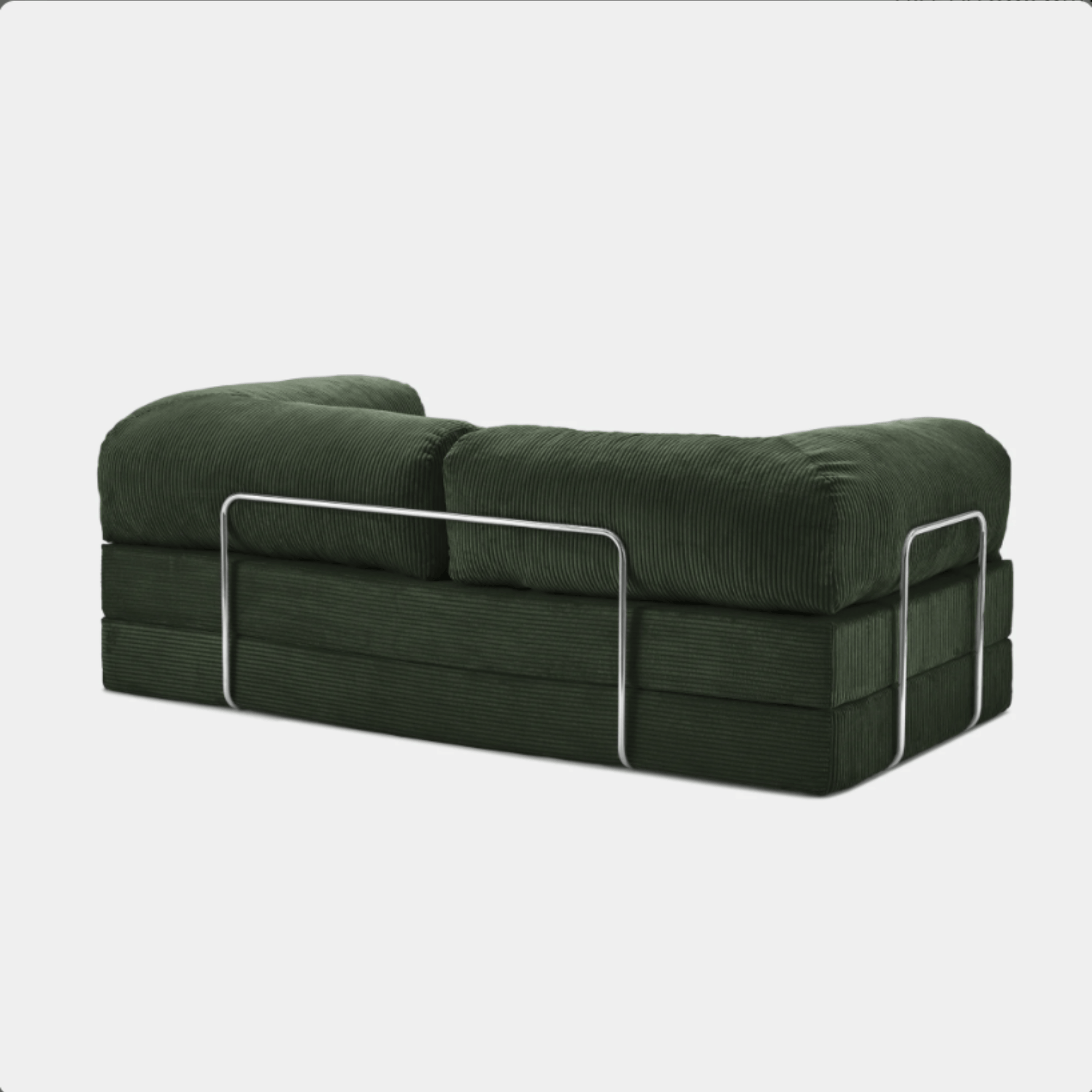 Primyhome green corduroy convertible sofa rear view with sturdy chrome metal back support