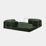 ully unfolded Primyhome green corduroy sleeper sofa bed with metal support on a clean white background