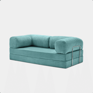 Primyhome light blue corduroy convertible sofa bed with metal side frame, modern floor lounge seating for small spaces