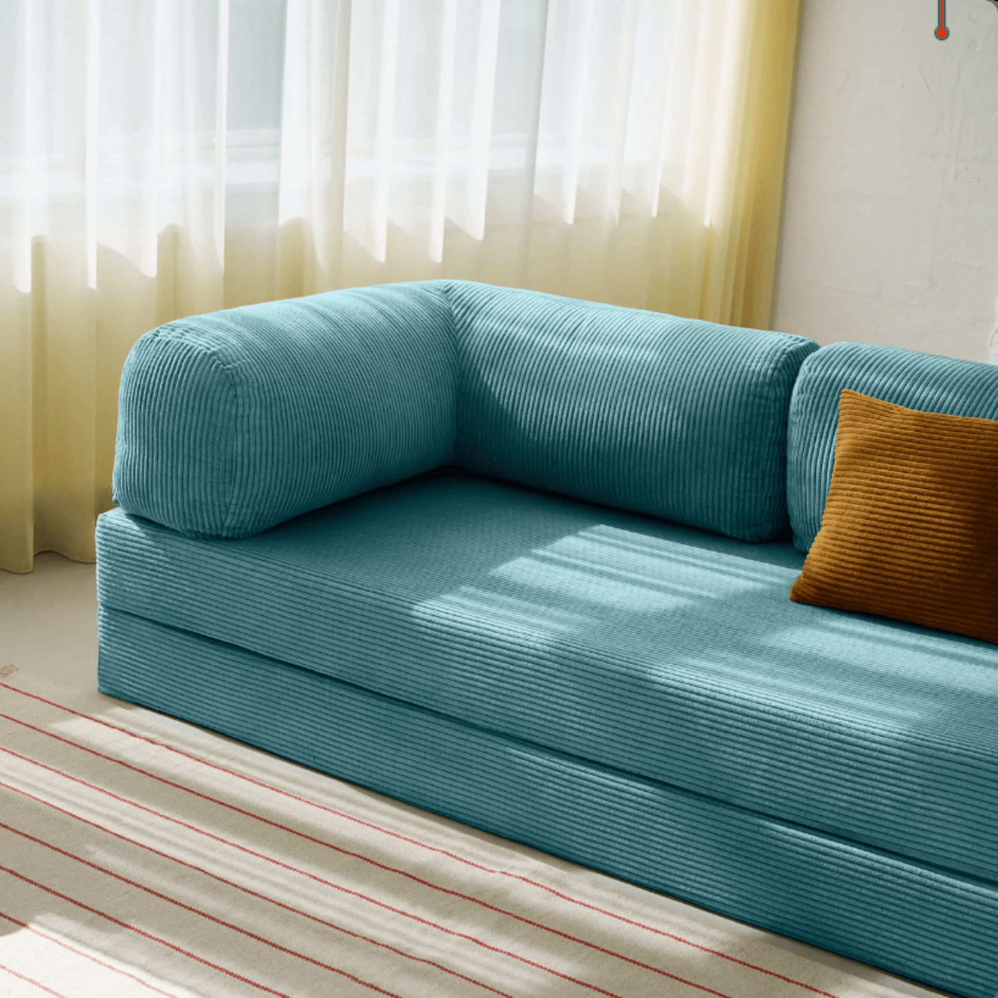 Primyhome light blue corduroy convertible sleeper sofa detail and sofa armrest close-up