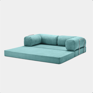 Primyhome light blue convertible sleeper sofa bed in unfolded position, showcasing the corduroy fabric and metal side rails