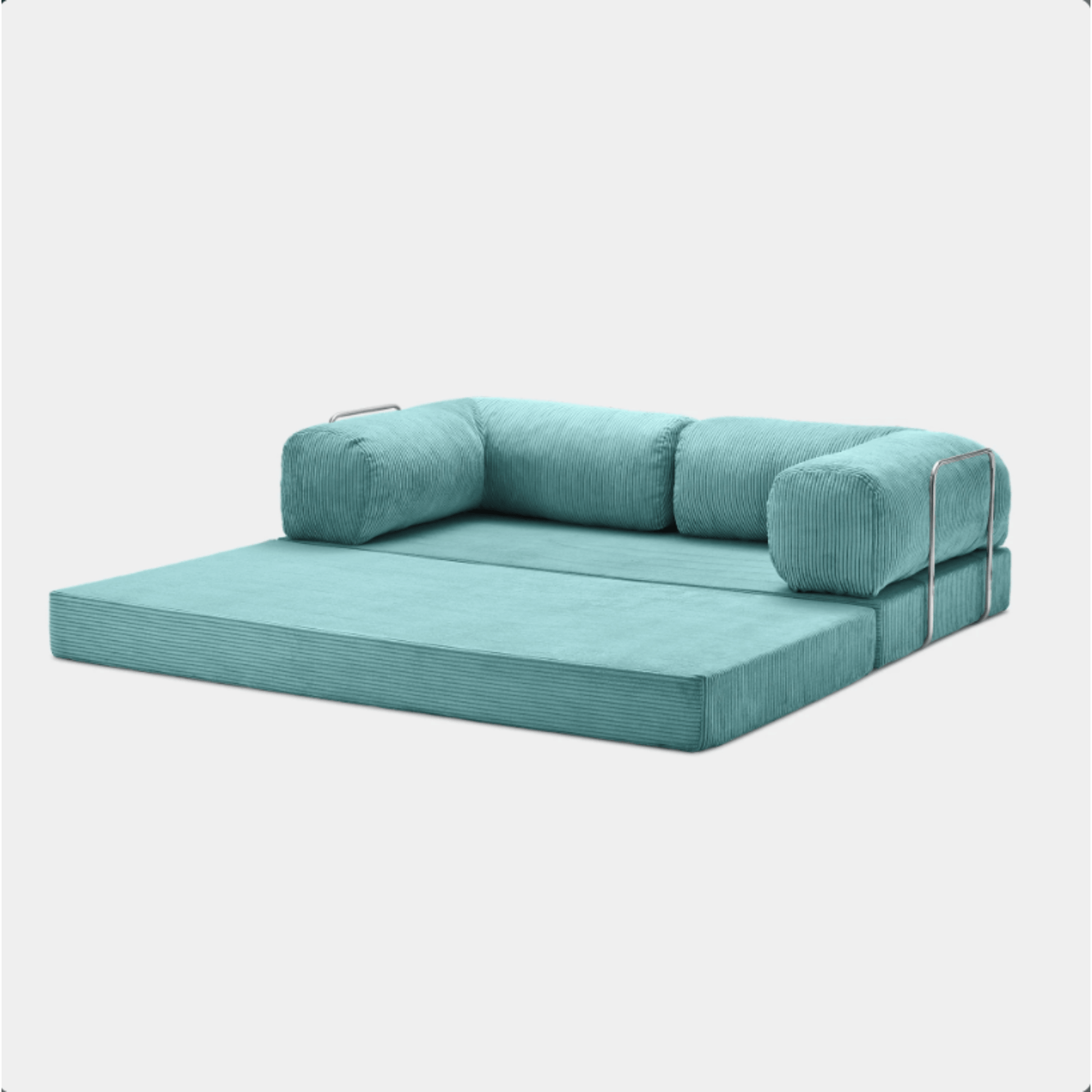Primyhome light blue convertible sleeper sofa bed in unfolded position, showcasing the corduroy fabric and metal side rails