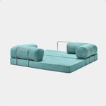 Fully unfolded Primyhome light blue corduroy sleeper sofa bed with metal support on a clean white background