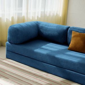 Primyhome navy blue corduroy convertible sleeper sofa detail and sofa armrest close-up