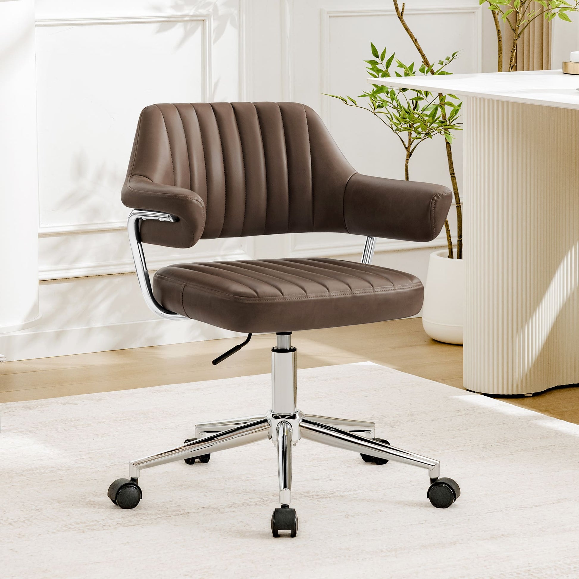 Adjustable PU Leather Swivel Vanity Chair with Arms