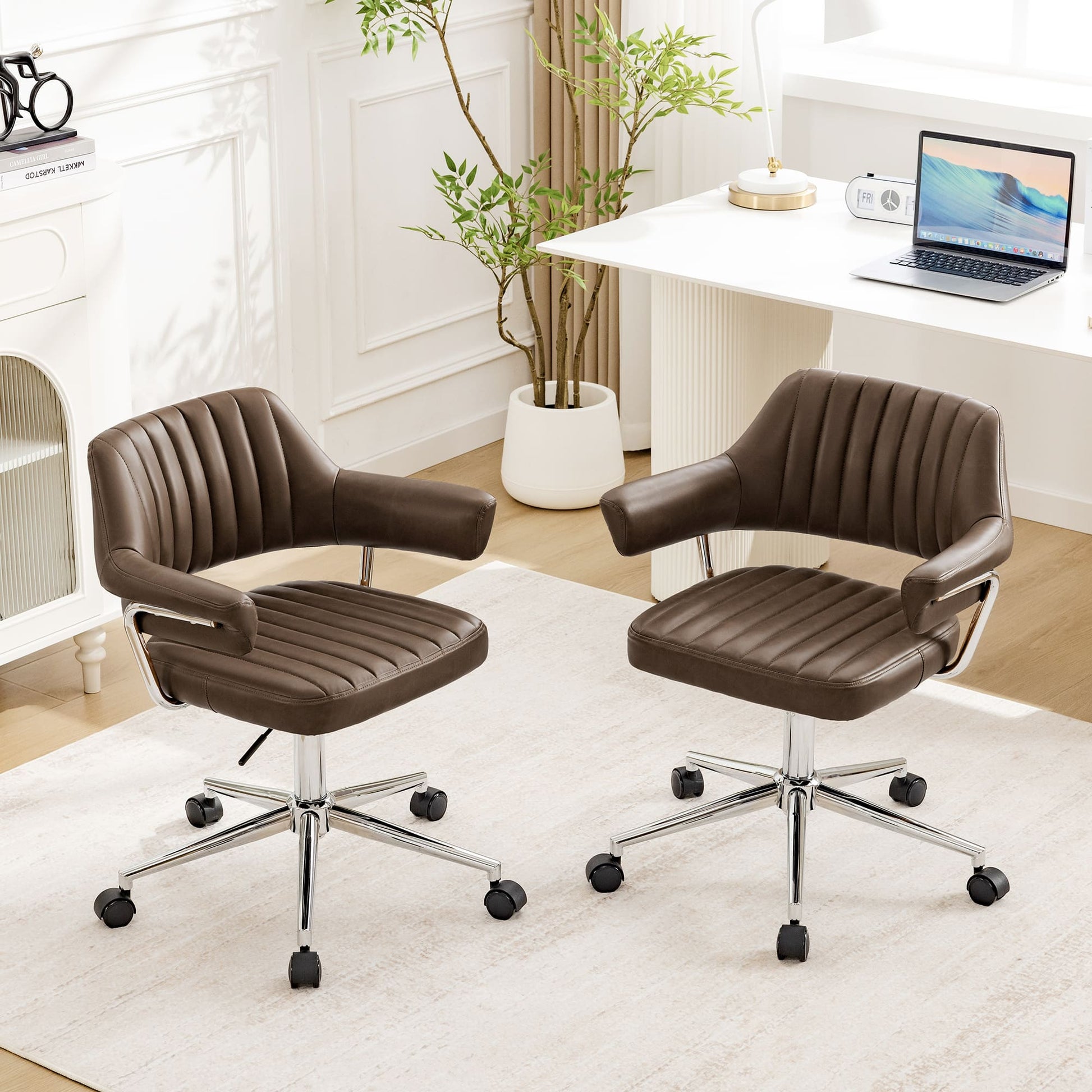 Adjustable PU Leather Swivel Vanity Chair with Arms