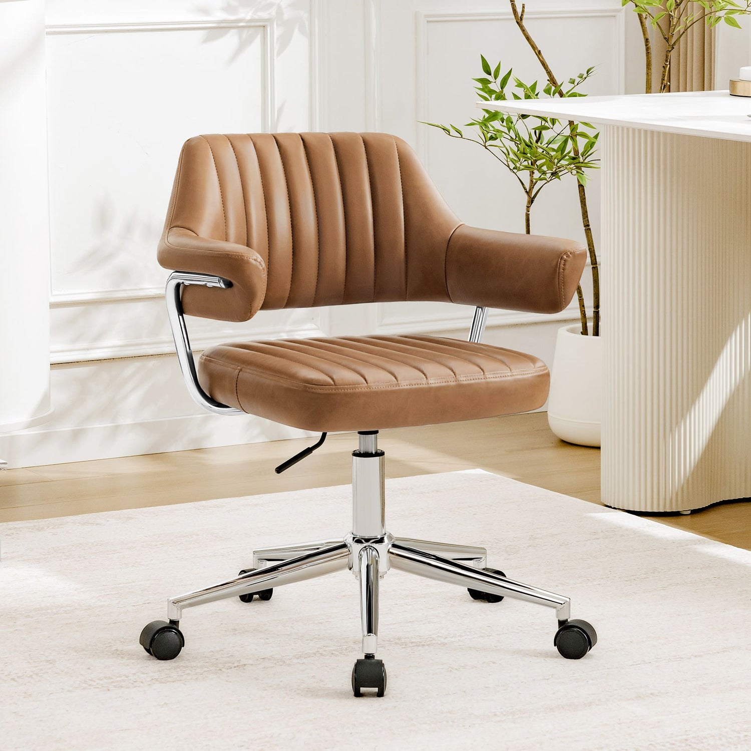 Adjustable PU Leather Swivel Vanity Chair with Arms