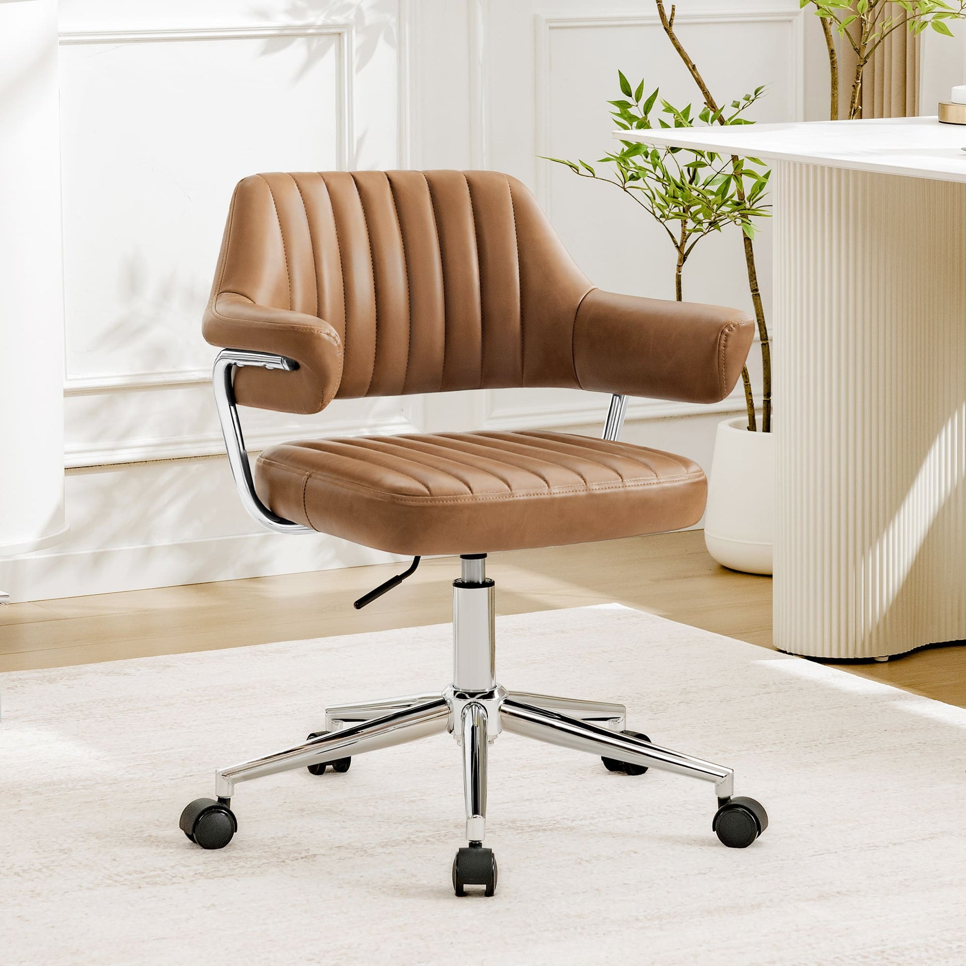 Adjustable PU Leather Swivel Vanity Chair with Arms
