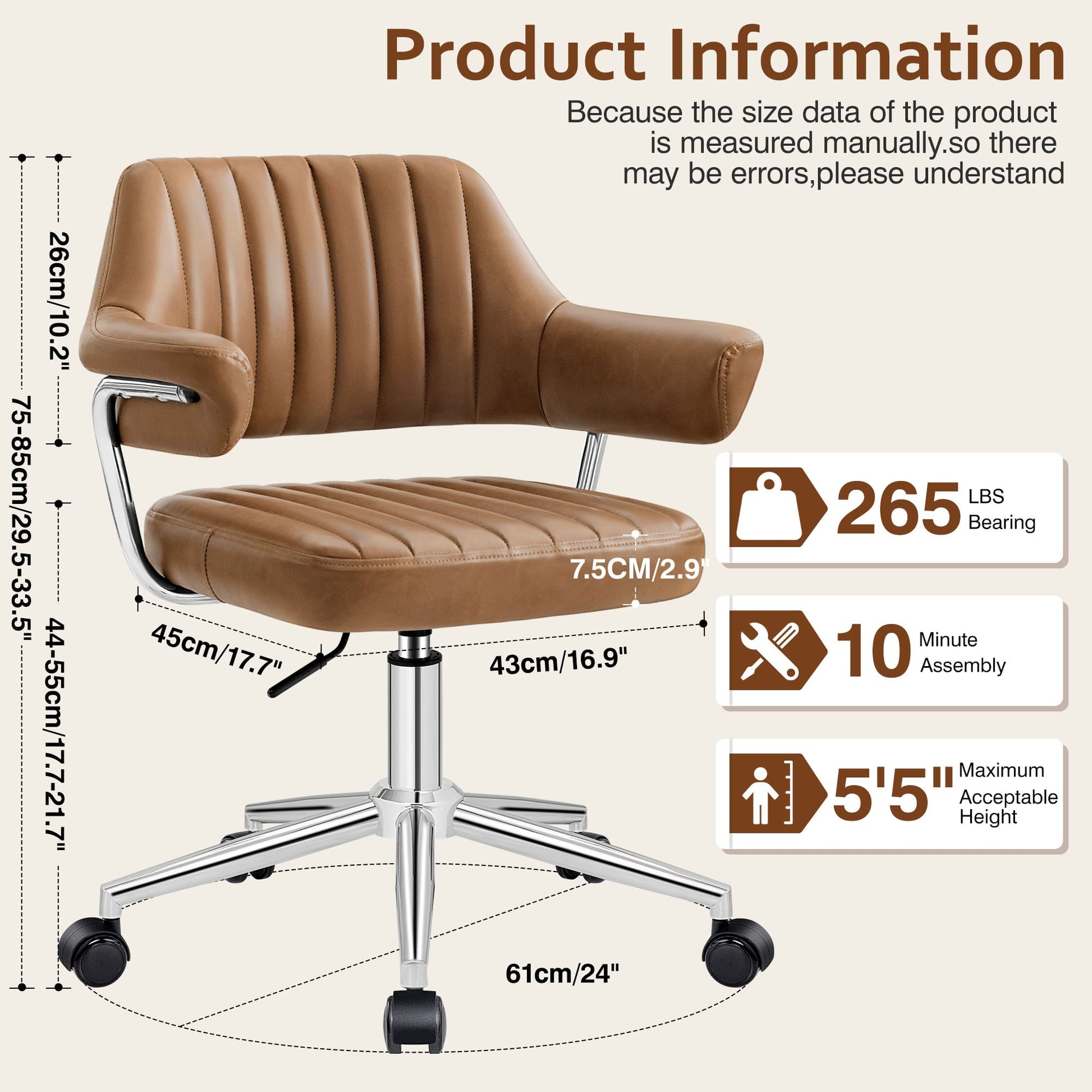 Adjustable PU Leather Swivel Vanity Chair with Arms