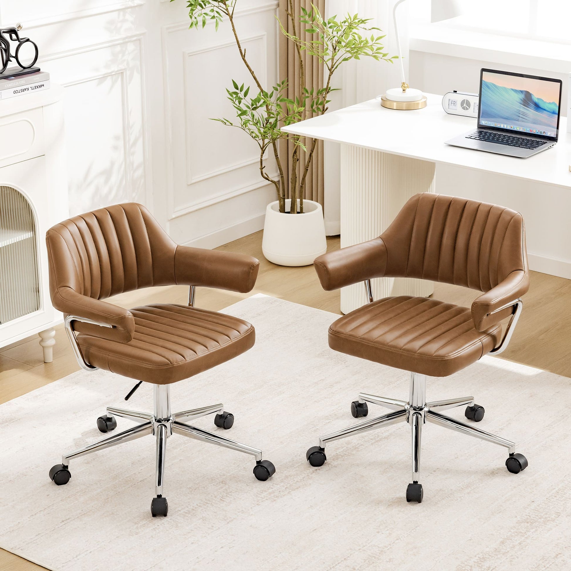 Adjustable PU Leather Swivel Vanity Chair with Arms