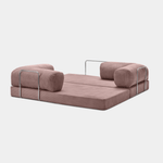  Fully unfolded Primyhome pink corduroy sleeper sofa bed with metal support on a clean white background