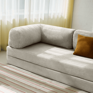 Primyhome white corduroy convertible sleeper sofa detail and sofa armrest close-up