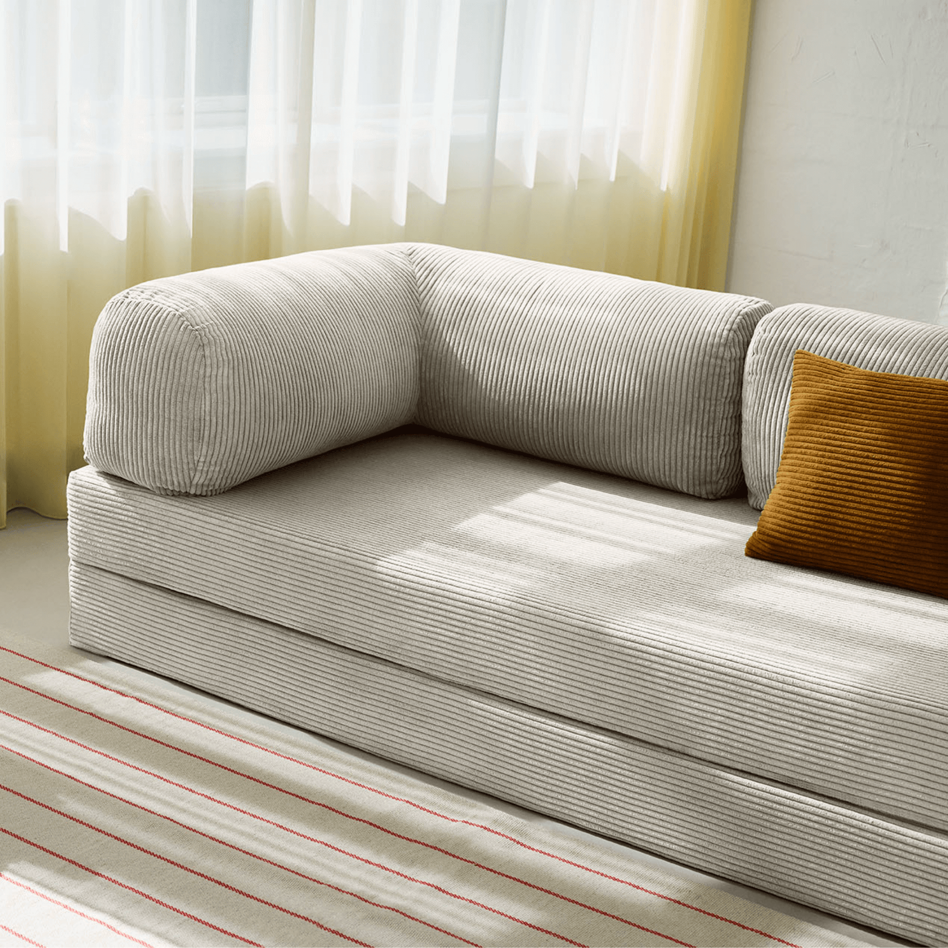 Primyhome white corduroy convertible sleeper sofa detail and sofa armrest close-up