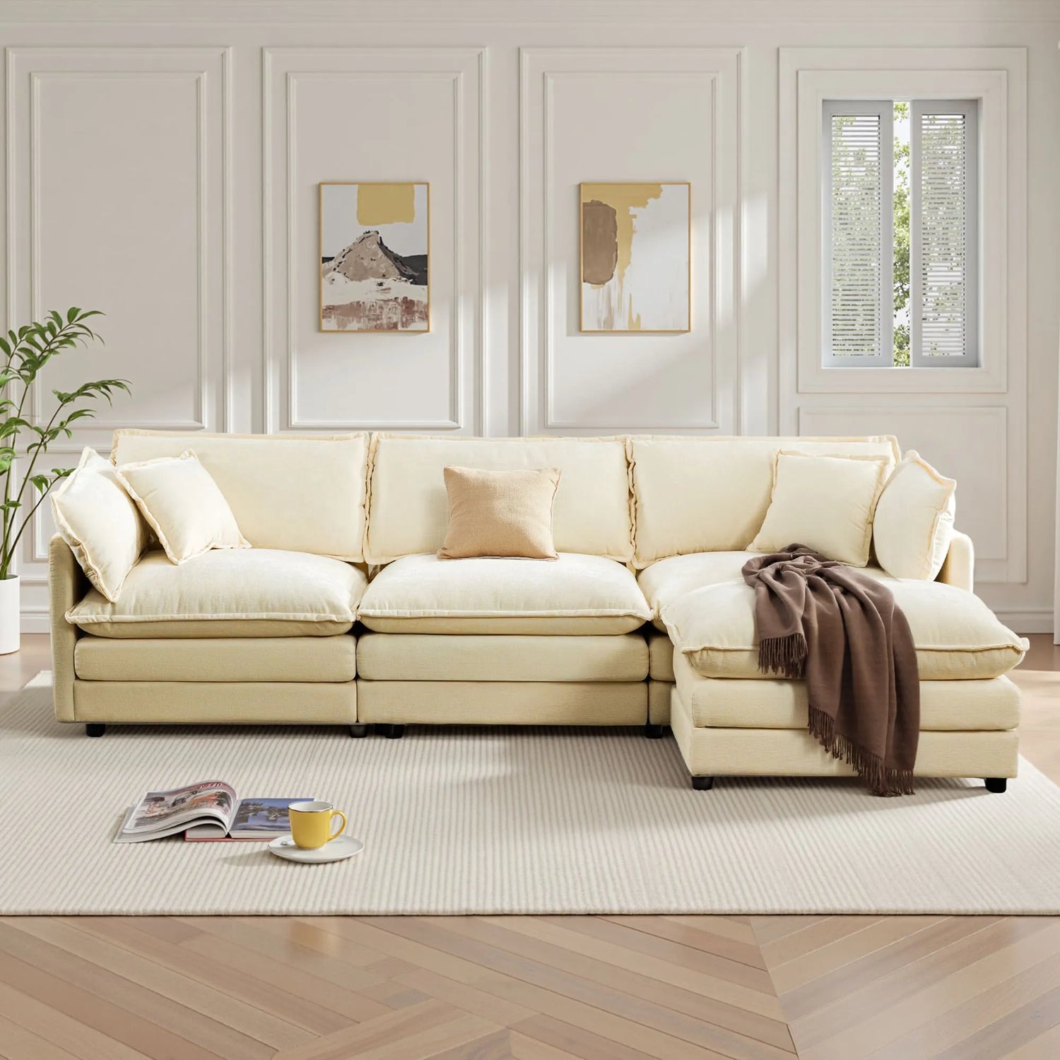 Modular 3-Seat Deep Seat Sectional Sofa with Ottoman