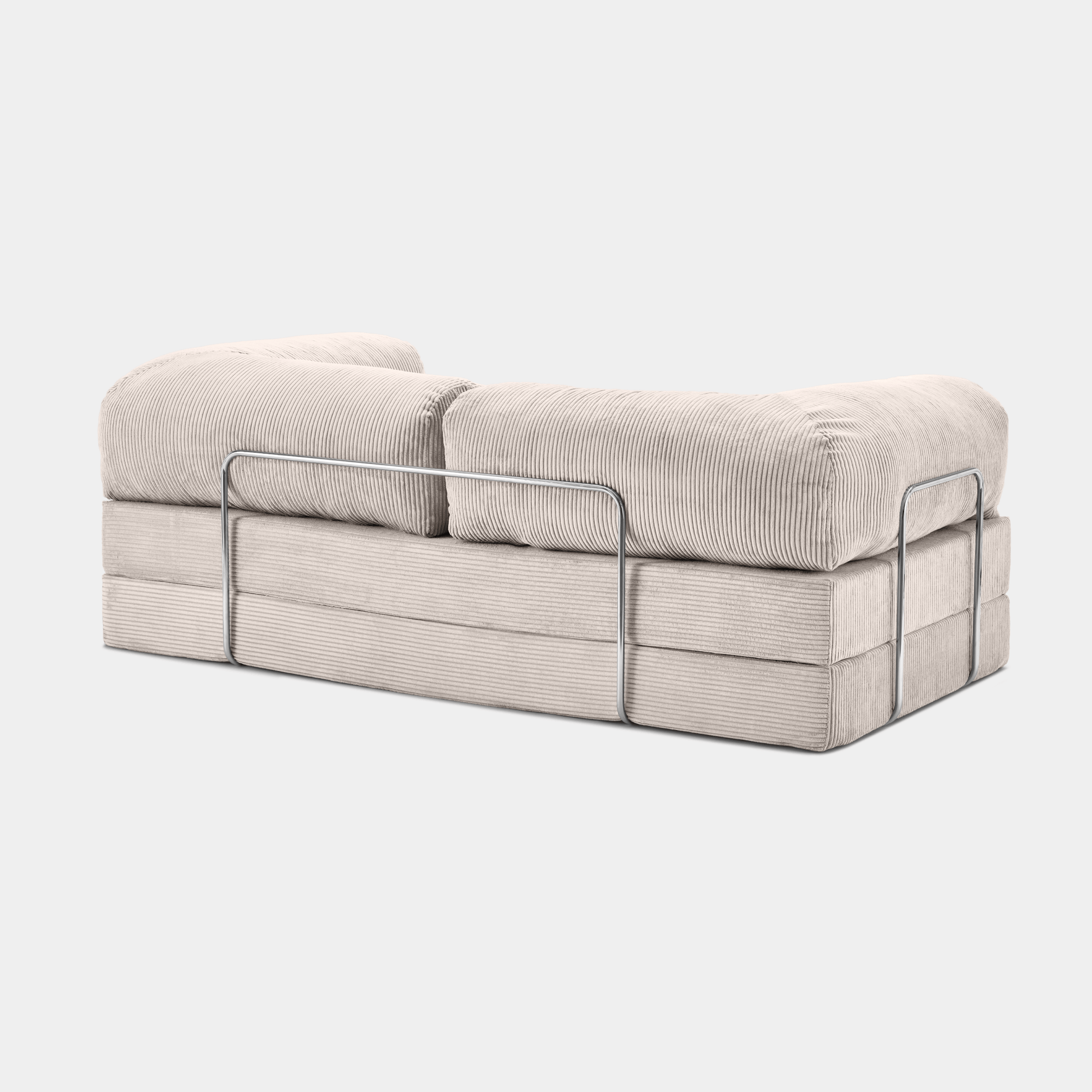 Primyhome white corduroy convertible sofa rear view with sturdy chrome metal back support
