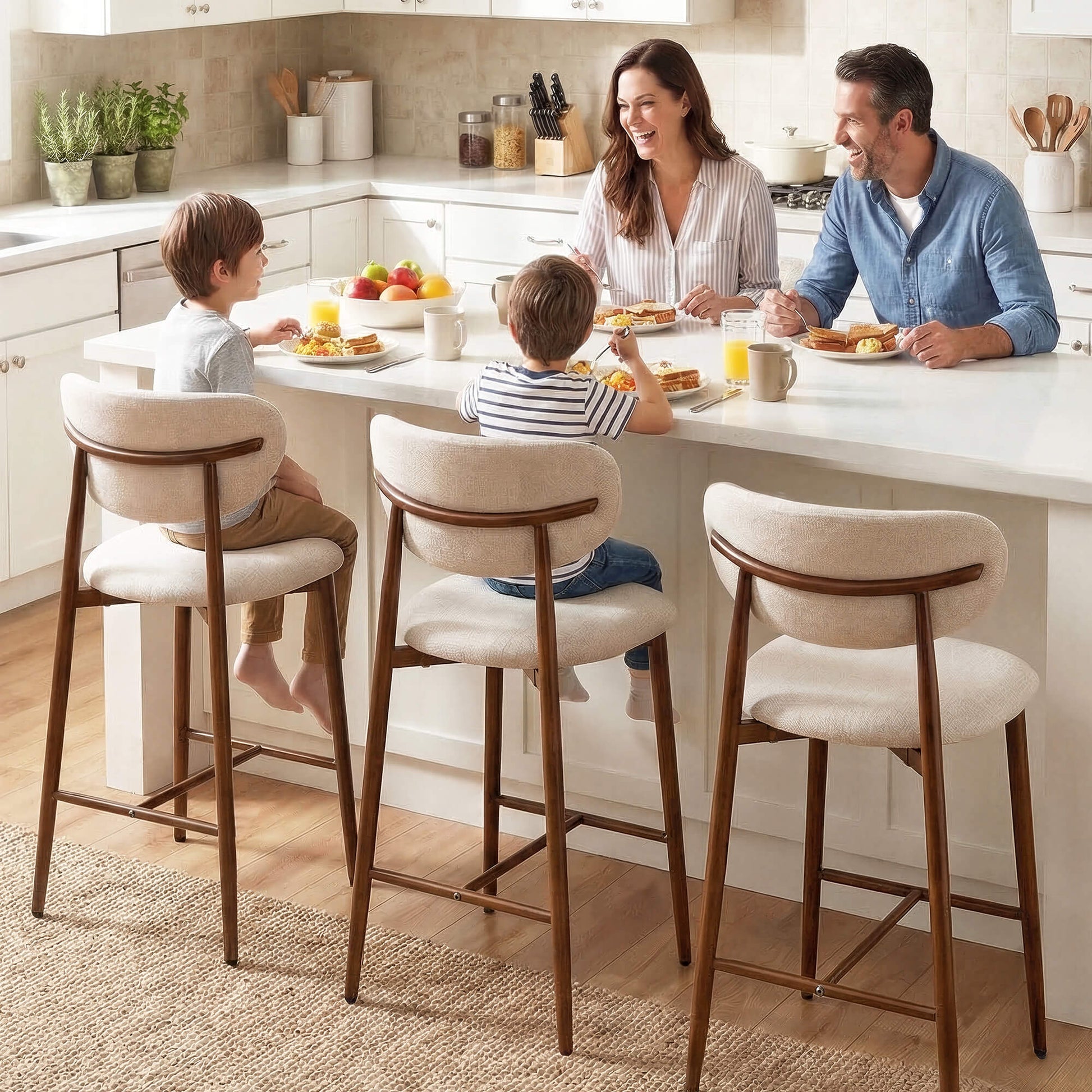Modern Upholstered Counter Height Bar Stools Set of 2 with Solid Wood Legs