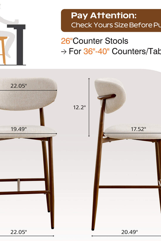 Modern Upholstered Counter Height Bar Stools Set of 2 with Solid Wood Legs
