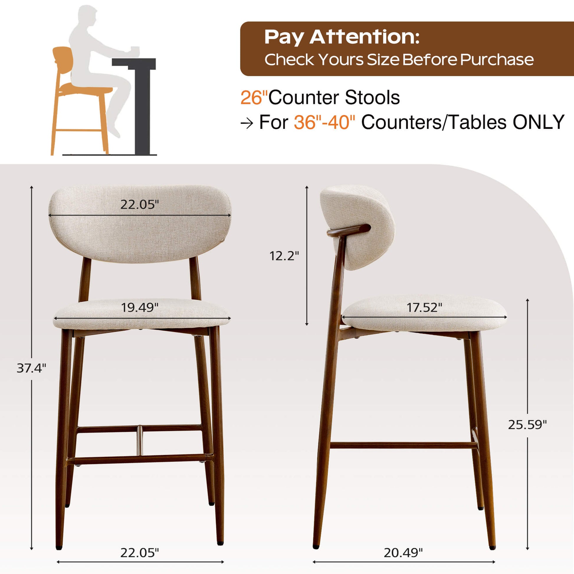 Modern Upholstered Counter Height Bar Stools Set of 2 with Solid Wood Legs